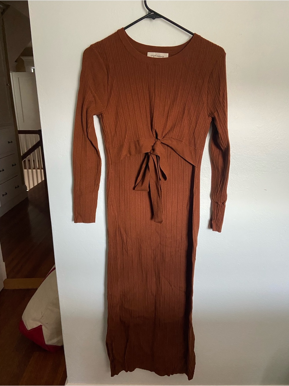 Tie-Front Maternity Ribbed Maxi Dress in Rust